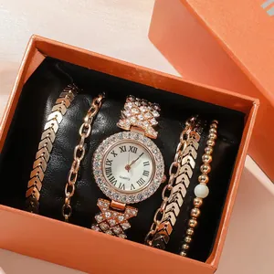 Luxury rose gold women watch set with crystal bezel and four matching fashion bracelets