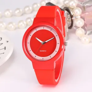 Fashionable red quartz watch with silicone strap and minimalist white dial for women