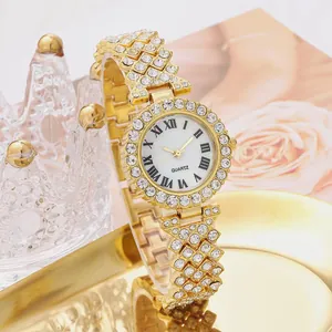 Elegant gold quartz watch for women with rhinestone inlay and Roman numerals