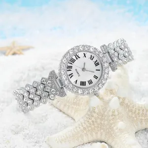 Silver quartz watch for women with roman numerals and diamond-set geometric band