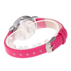 Women's minimalist quartz watch with a vibrant rose red leather strap and silver metal case