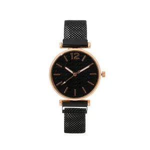 Women's black mesh strap watch with rose gold case and floral textured dial