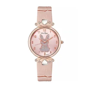 Fashion Vrouwen Quartz Horloge Schattig Konijn Patroon Wijzerplaat Legering Kast Strass Hart Decoratie Kunstlederen Band Casual Polshorloge