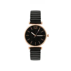 Γυναικείο ρολόι rose gold με μαύρο ανάγλυφο καντράν και ελαστικό μεταλλικό λουράκι