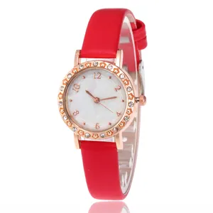 Elegant Women Fashion Quartz Watch Rhinestone Star Decoration Rose Gold Alloy Case Mother Of Artificial Pearl Dial Faux Leather Strap Casual Ladies Wristwatch Gift