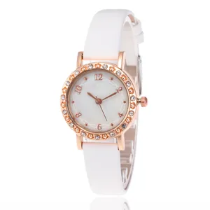 Fashion women's quartz watch with rose gold rhinestone star case and white leather strap