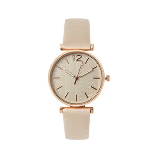 Minimalist women's quartz watch with rose gold case and beige textured leather strap