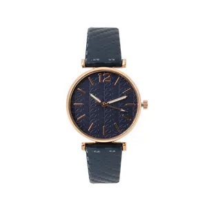 Elegant women's quartz watch with dark blue textured dial and rose gold metal case