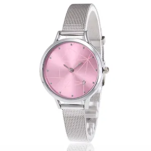 Montre à quartz pour femme avec cadran rose géométrique et bracelet en maille