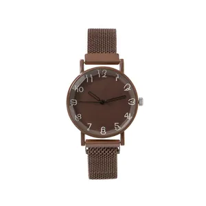 Minimalistische braune Edelstahl-Quarzuhr mit Milanaise-Armband und Zifferblatt