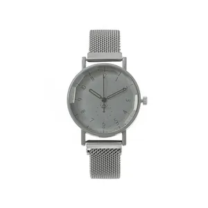 Minimalist silver steel quartz watch with grey dial and Milanese magnetic strap