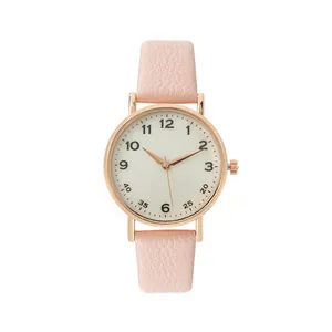 Minimalist women quartz watch with pink leather strap and rose gold round metal case