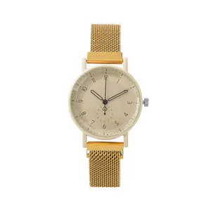 Modern gold mesh strap quartz watch with minimalist beige dial and heart-shaped second hand