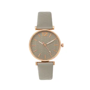 Minimalist women's quartz watch with gray PU leather strap and rose gold metal case