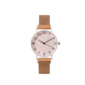Minimalistische Damen-Quarzuhr mit rosa Zifferblatt und roségoldenem Netzarmband