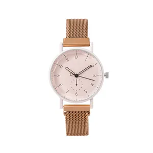 Women's quartz watch with light pink dial and rose gold mesh strap on white background