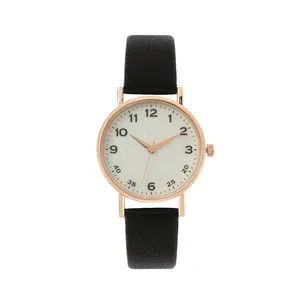 Minimalist quartz watch for women with black leather strap and rose gold round case
