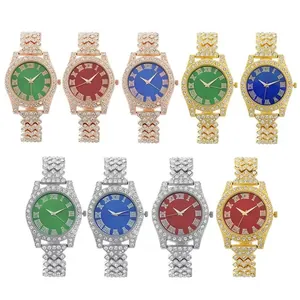 Women Luxury Rhinestone Alloy Strap Quartz Watch With Roman Numerals Colored Dial Fashion Casual Wristwatch Jewelry Gift