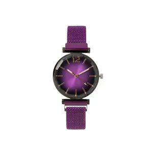 Women's quartz watch with purple gradient dial and geometric cut glass on mesh strap