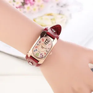 Retro quartz watch for women with rose gold rectangular case and red leather strap