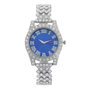 Women's silver iced-out watch set with blue dial, roman numerals and full diamond strap