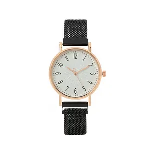 Minimalist women quartz watch with rose gold case, white dial and black mesh band