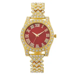 Hip hop gold watch for women with red dial and crystal encrusted linked bracelet