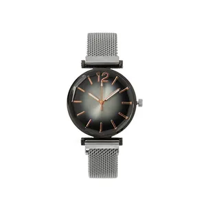 Elegant women quartz watch with black gradient dial and silver Milanese mesh band