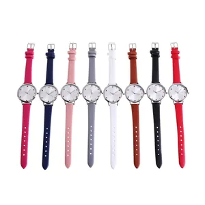 Women's quartz watch with heart markers and eight colorful leather straps on white background