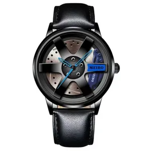 Reloj de cuarzo para hombre con diseño de llanta de coche de carreras negro y pinzas azules