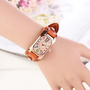 Retro women's quartz watch with rose gold square case and colorful numeric dial display