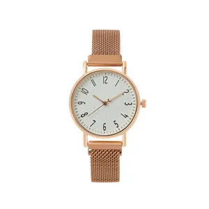Elegant rose gold women's quartz watch with a white dial and Milanese mesh metal band