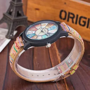 Vintage wood grain dial watch with colorful striped cork leather strap for women