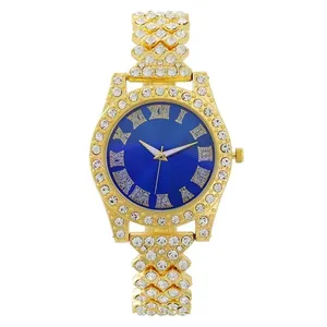 Luxury gold women quartz watch with blue dial, roman numerals and crystal setting
