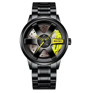 Detalle del reloj de cuarzo con llanta de carreras negra y pinza de freno amarilla en dial