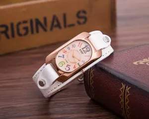 Detail view of quartz watch model L1331 with colorful numbers and white leather rivet strap