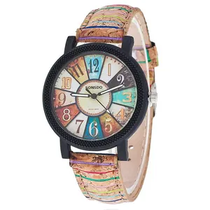 Vintage wood grain dial watch with colorful striped cork strap for women and students