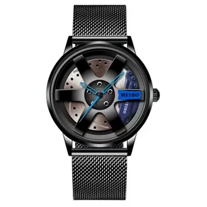 Reloj de moda para hombre con esfera de llanta de coche y correa de malla negra