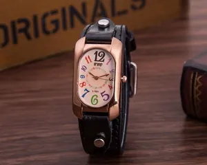 Retro quartz watch with rose gold case, colorful numerals and black leather rivet strap