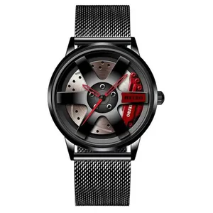 Reloj de cuarzo para hombre con correa de malla negra y esfera con diseño llanta de coche