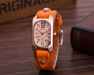 Detail view of the CCQ vintage oval watch with orange leather strap and colorful numerals