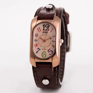 Retro quartz watch with colorful numerals, rose gold case, and brown studded leather strap