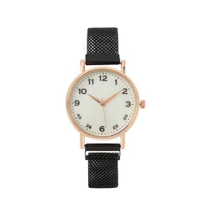 Minimalist women's quartz watch with rose gold case and black Milanese mesh strap