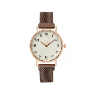 Women's Fashion Minimalist Quartz Watch With Milanese Mesh Alloy Strap Magnetic Buckle Arabic Numeral Round Dial Watch