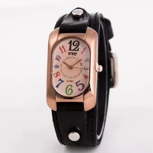 Retro punk quartz watch with rose gold case, colorful numerals, and black studded leather strap