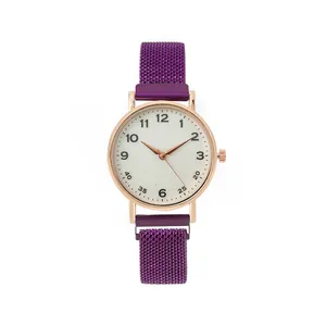 Women's quartz watch with purple mesh steel strap and rose gold round case on white background