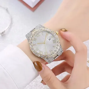 Luxury silver ladies watch with sparkling rhinestones and Roman numeral dial indices