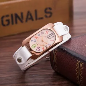 Vintage Fashion Rectangle Quartz Watch Colorful Arabic Numerals Rose Gold Alloy Case Rivet Cuff Faux Leather Strap Casual Wristwatch