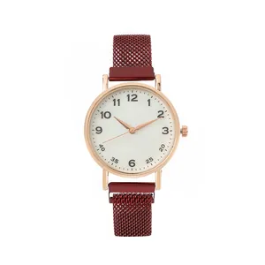 Fashion women's quartz watch with rose gold case, white dial and deep red mesh steel band