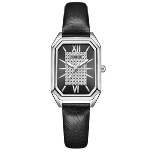 Vintage women's quartz watch with black leather strap and crystal-set rectangular dial
